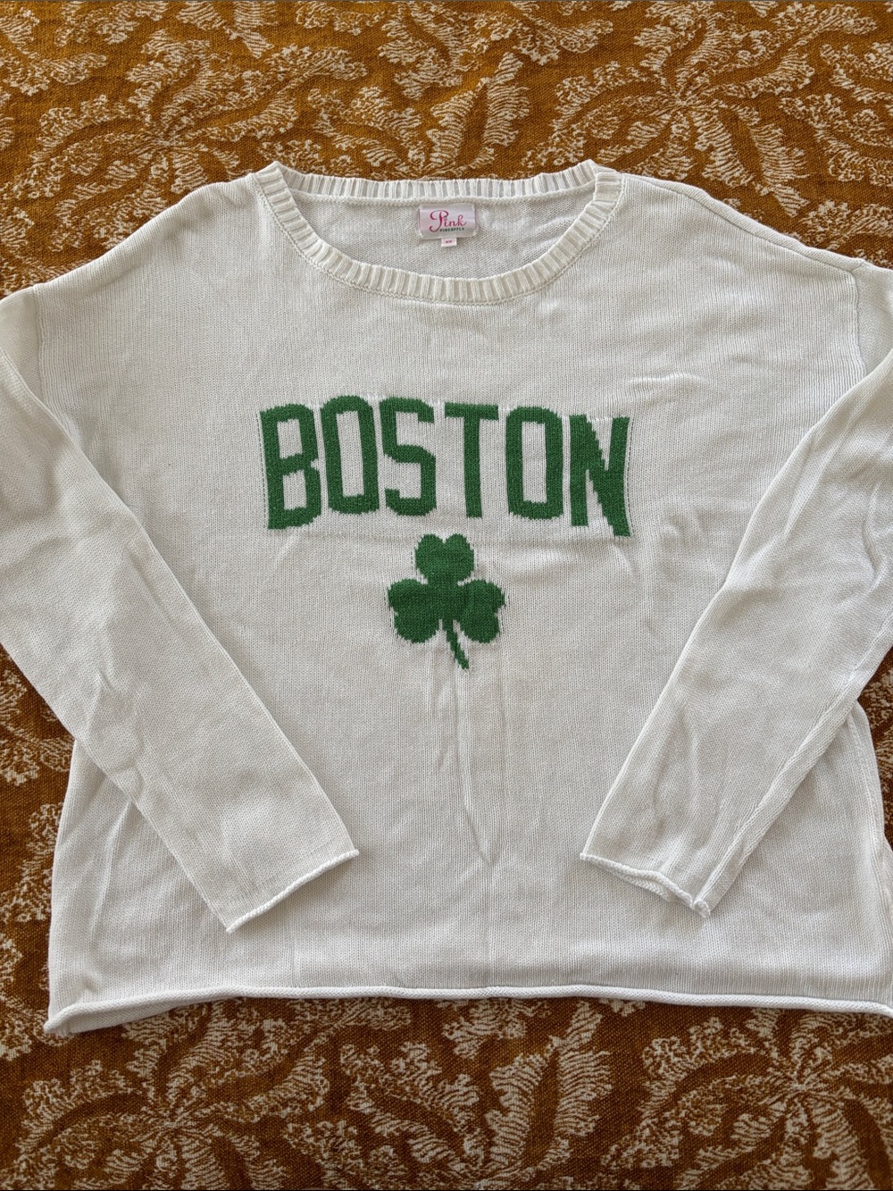 Pink Pineapple cotton sweater,Boston, shamrock,white/kelly green, roll hem/cuffs